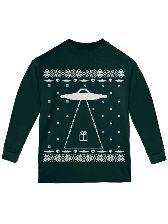 Alien Abduction Ugly XMAS Sweater Forest Youth Long Sleeve T-Shirt - Youth Medium