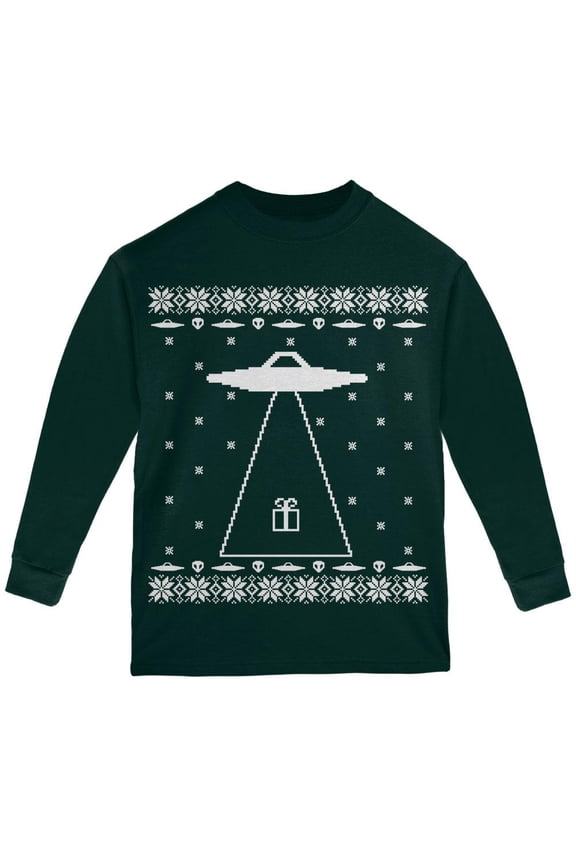 Alien Abduction Ugly XMAS Sweater Forest Youth Long Sleeve T-Shirt - Youth Medium