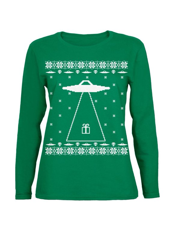 Alien Abduction Ugly XMAS Sweater Green Womens Long Sleeve T-Shirt - Medium