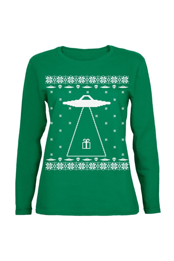 Alien Abduction Ugly XMAS Sweater Green Womens Long Sleeve T-Shirt - Medium