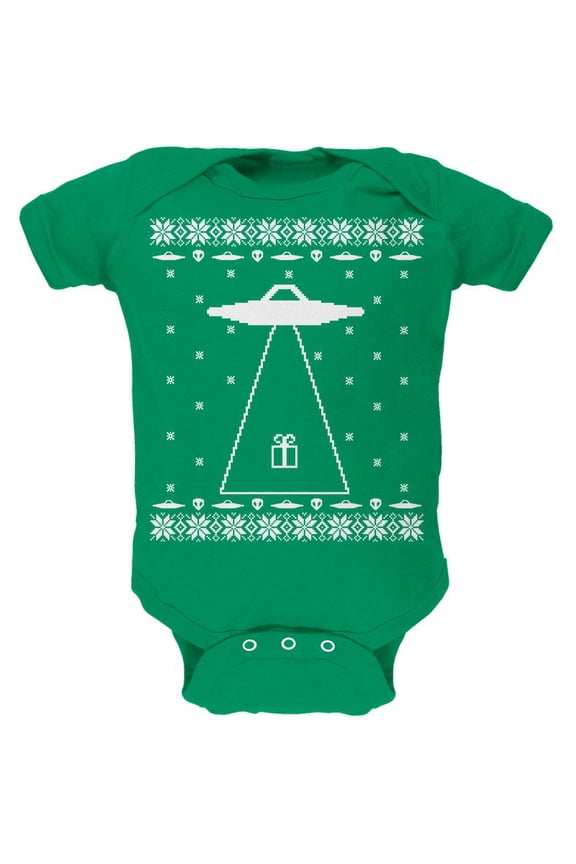 Alien Abduction Ugly XMAS Sweater Kelly Green Soft Baby One Piece - 9-12 months