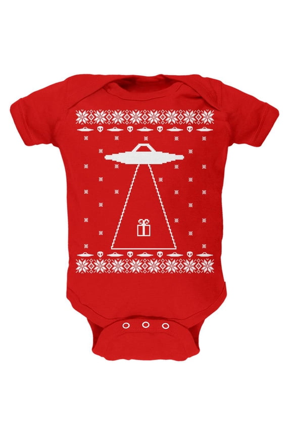 Alien Abduction Ugly XMAS Sweater Red Soft Baby One Piece - 18-24 months