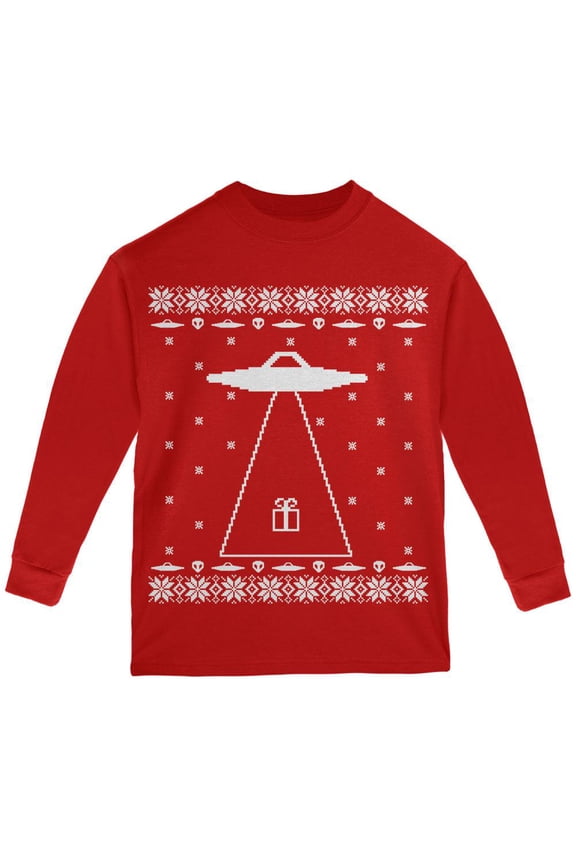 Alien Abduction Ugly XMAS Sweater Red Youth Long Sleeve T-Shirt - Youth Large