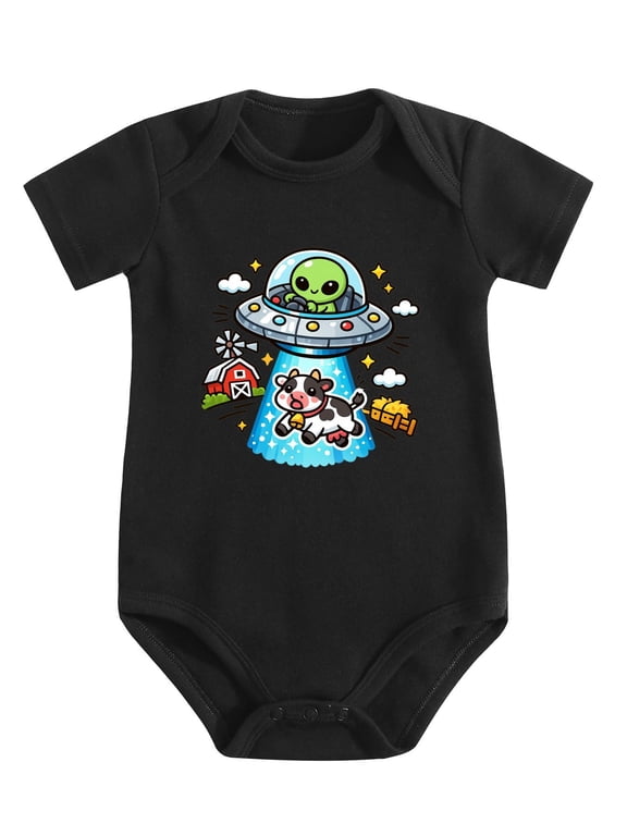 Alien Abducts Cow With Ufo Baby Bodysuit, 100% Cotton Short Sleeve Snap Romper, 0-12 Months
