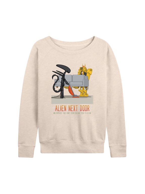 - Alien Next Door Women's Lightweight French Terry Wide Neck Long Sleeve Graphic Shirt