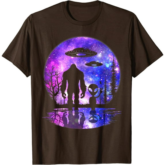 Alien And Bigfoot Full Moon Sasquatch UFO Unisex T-Shirt for Men Women Kids Toddler,Dark Chocolate Color,Size L