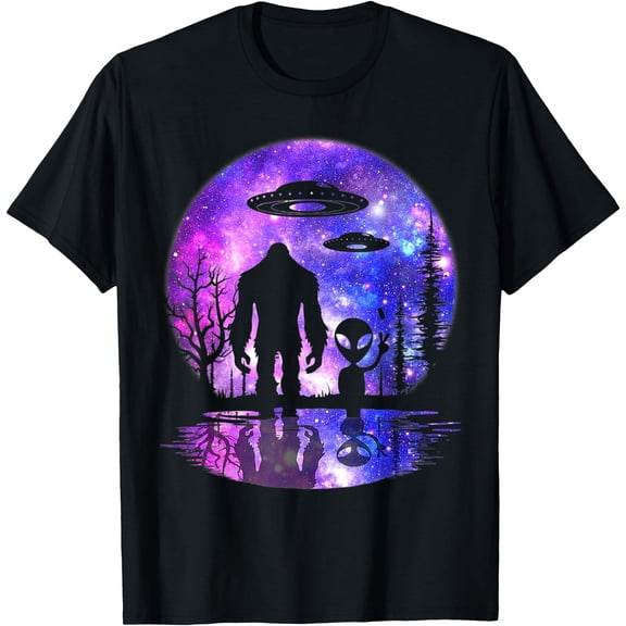 Alien And Bigfoot Full Moon Sasquatch UFO Unisex T-Shirt for Men Women Kids Toddler