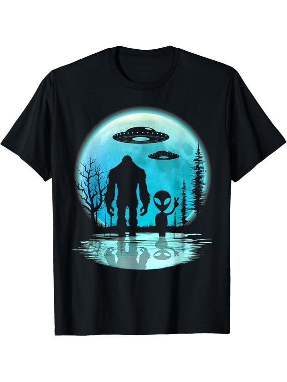 Alien And Bigfoot Moon Mens Short Sleeve T-Shirt