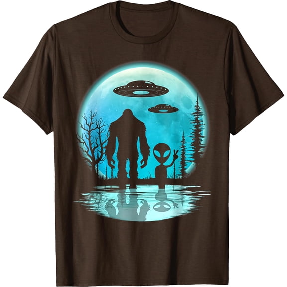 Alien And Bigfoot Moon Unisex T-Shirt for Men Women Kids Toddler,Dark Chocolate Color,Size L