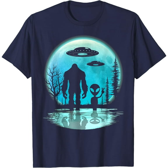 Alien And Bigfoot Moon Unisex T-Shirt for Men Women Kids Toddler,Navy Color,Size M