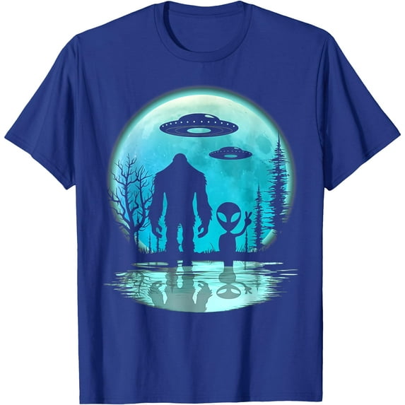 Alien And Bigfoot Moon Unisex T-Shirt for Men Women Kids Toddler,Royal Blue Color,Size L