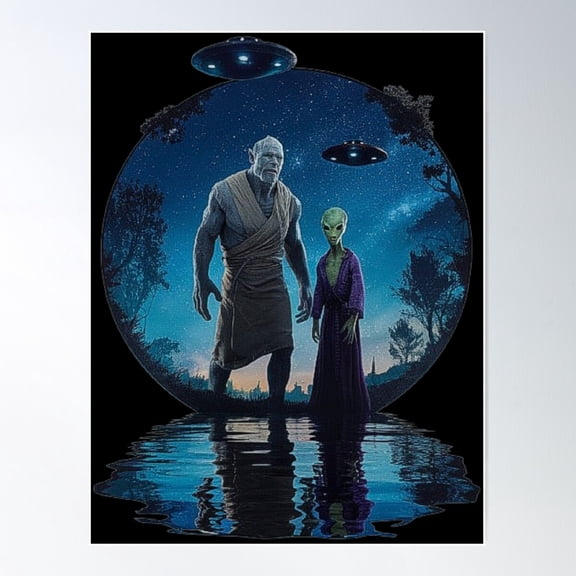 Alien And Warrior Giant Under Ufo-Lit Night Sky Poster Wall Art, Modern Wall Decor For Living Room Bedroom, 24x36 UNFRAMED