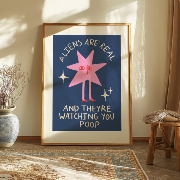 Alien Bathroom Wall Art Print Space Quote Poster Retro Cosmic Illustration Modern Restroom Decor Size 24x36 Unframed Poster