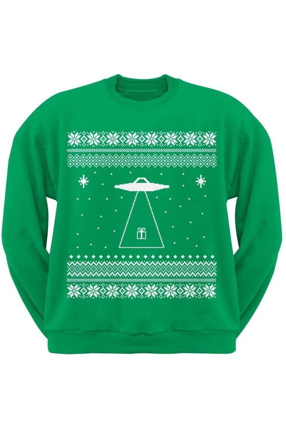 Alien Beam Ugly Christmas Sweater Green Adult Crew Neck Sweatshirt - Large