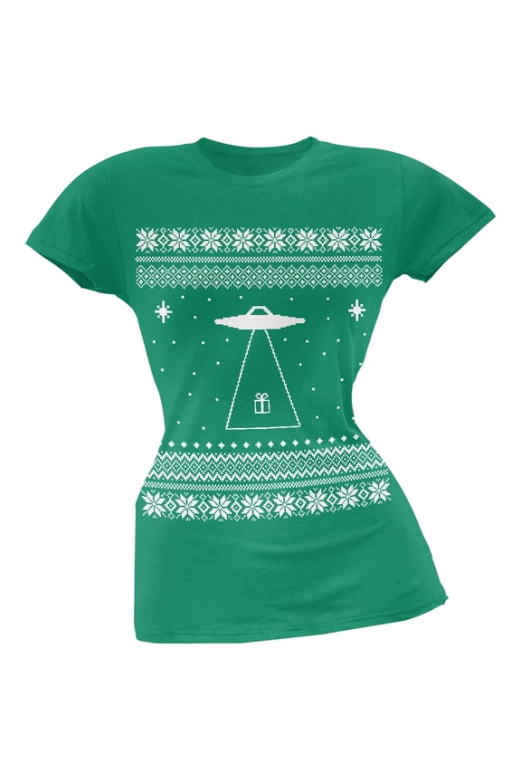 Alien Beam Ugly Christmas Sweater Green Juniors T-Shirt - Medium