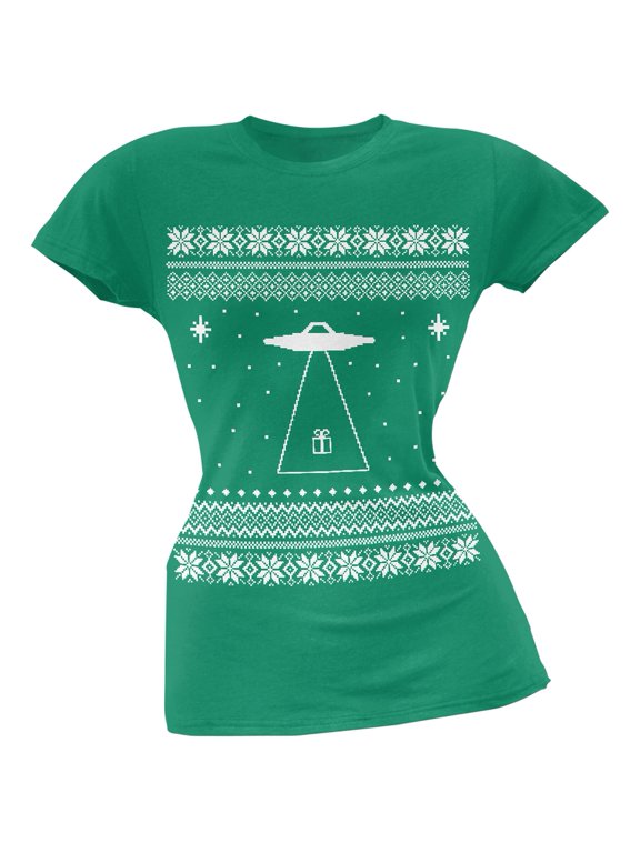 Alien Beam Ugly Christmas Sweater Green Juniors T-Shirt