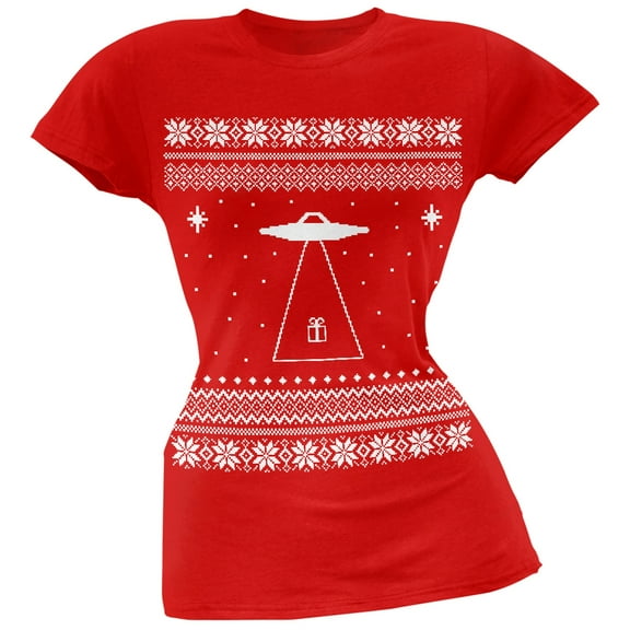 Alien Beam Ugly Christmas Sweater Red Juniors T-Shirt - 2X-Large