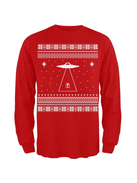 Alien Beam Ugly Christmas Sweater Red Long Sleeve T-Shirt - Medium