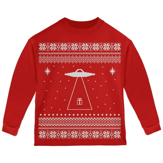 Alien Beam Ugly Christmas Sweater Red Toddler Long Sleeve T-Shirt - 3T