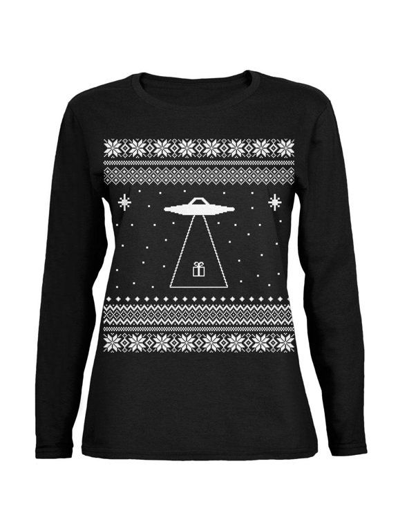 Alien Beam Ugly XMAS Sweater Black Womens Long Sleeve T-Shirt - Small