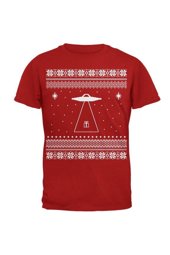 Alien Beam Ugly XMAS Sweater Red Adult T-Shirt - Medium