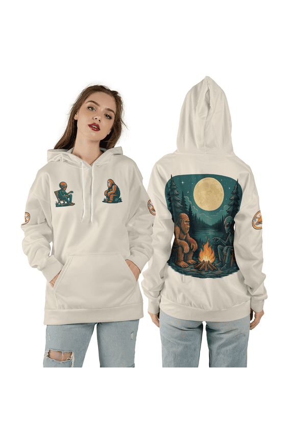 Alien Bigfoot Campfire 3D Hoodie, UFO Sasquatch Night Forest 3D Sweatshirt, Retro Bigfoot Alien Camping 3D Print Hoodie