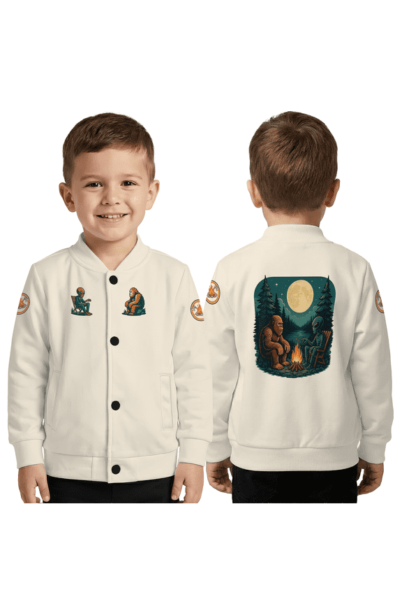 Alien & Bigfoot Camping Baseball Jacket – Night Campfire Moon Art Baseball Jacket, Funny Mystery Night Art Jacket
