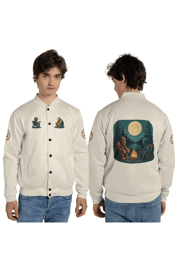 Alien & Bigfoot Camping Baseball Jacket – Night Campfire Moon Art Baseball Jacket, Funny Mystery Night Art Jacket