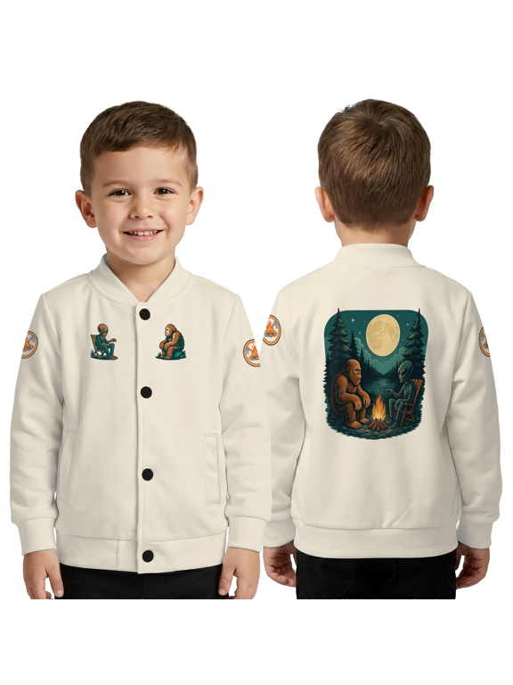Alien & Bigfoot Camping Jacket – Night Campfire Moon Art Baseball Jacket, Funny Mystery Night Art Coat For Nature Wild Life Lovers