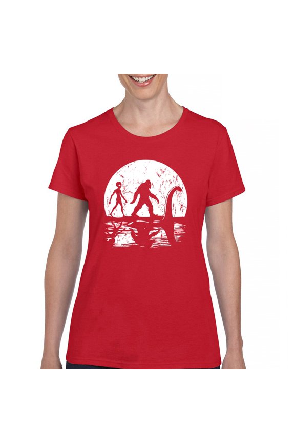 Alien Bigfoot Loch Ness Monster Moon T-Shirt Funny Space UFO Hunter Sasquatch Yeti Dinosaur Nerd Believe Women's Tee