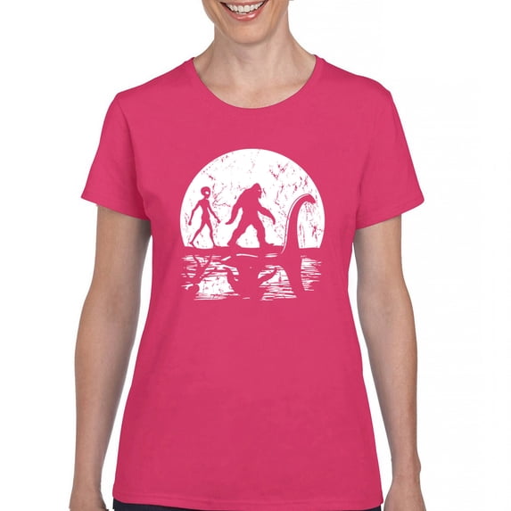 Alien Bigfoot Loch Ness Monster Moon T-Shirt Funny Space UFO Hunter Sasquatch Yeti Dinosaur Nerd Believe Women's Tee