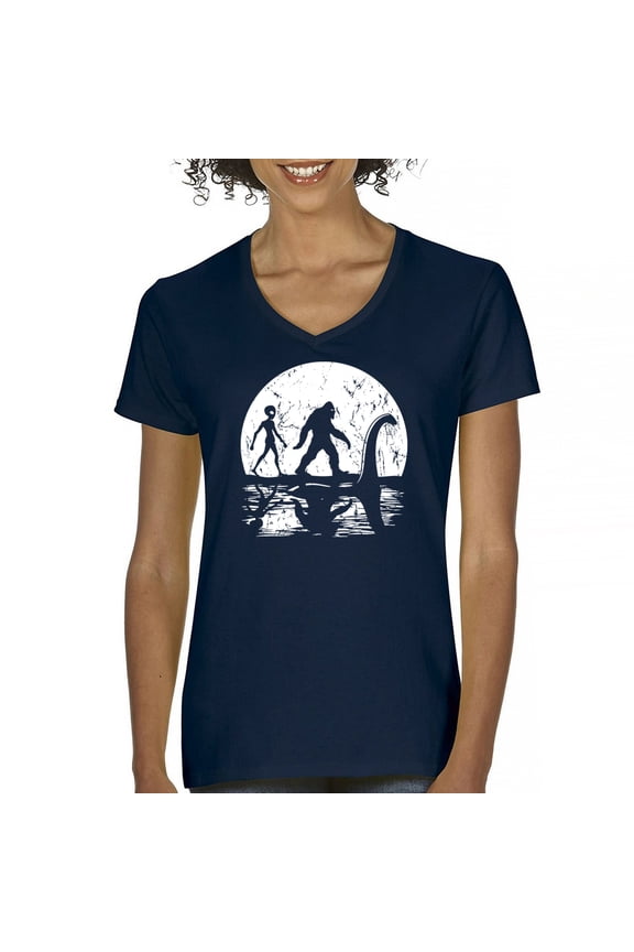 Alien Bigfoot Loch Ness Monster Moon Women's V-Neck T-shirt Funny Space UFO Hunter Sasquatch Yeti Dinosaur Nerd Believe Tee