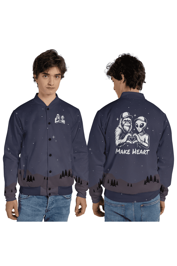 Alien & Bigfoot Love Baseball Jacket – Make Heart Graphic Varsity Baseball Jacket, Night Sky All Over Print Jacket