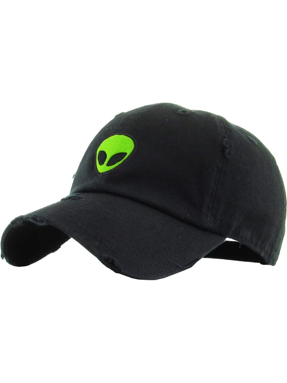 Alien Black Vintage Distressed Dad Hat Adjustable Baseball Cap NASA Galaxy Spaceship UFO Face ET E.T. Saucer
