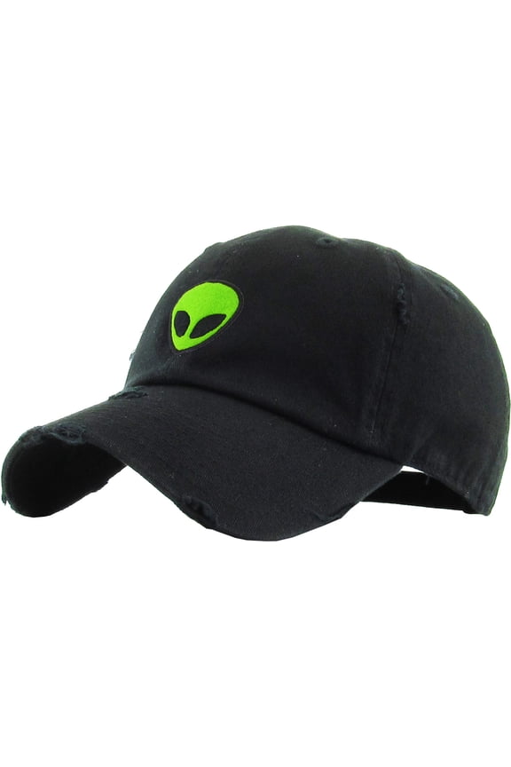 Alien Black Vintage Distressed Dad Hat Adjustable Baseball Cap NASA Galaxy Spaceship UFO Face ET E.T. Saucer