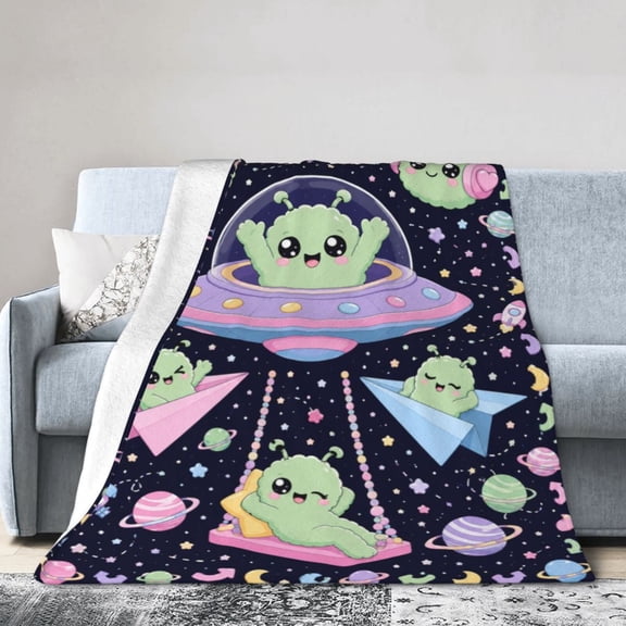 Alien Blanket, Extraterrestrial Graphic Pattern, Soft Warm Cozy Plush Flannel Throw for Couch Bed Sofa 50x40