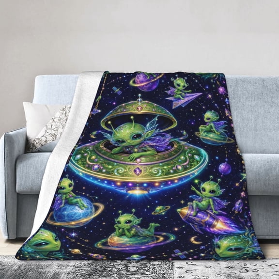 Alien Blanket, Extraterrestrial Graphic Pattern, Soft Warm Cozy Plush Flannel Throw for Couch Bed Sofa 50x40
