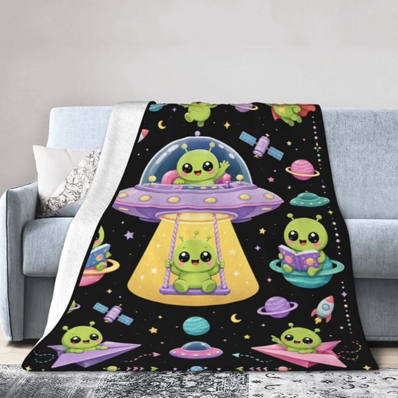 Alien Blanket, Extraterrestrial Graphic Pattern, Soft Warm Cozy Plush Flannel Throw for Couch Bed Sofa 50x40