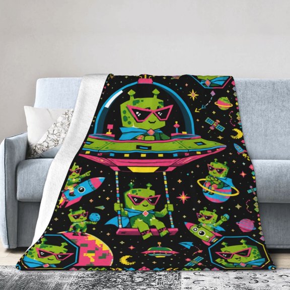 Alien Blanket, Extraterrestrial Graphic Pattern, Soft Warm Cozy Plush Flannel Throw for Couch Bed Sofa 50x40