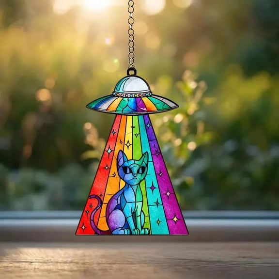 Alien Cat Acrylic Suncatcher, Rainbow UFO Cat Gift, Space Cat Window Hanging, Cosmic Kitty Decor, Sci Fi Pet Ornament