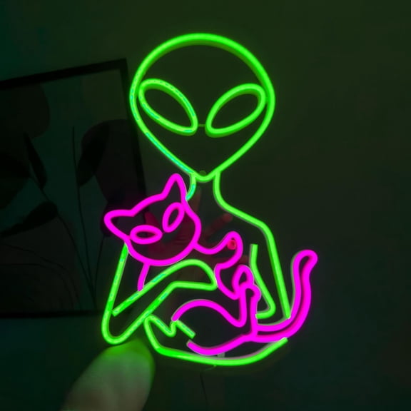 Alien Cat LED Neon Sign, Dimmable Green Neon Light, Wall Decor for Game Room, Bedroom and Home