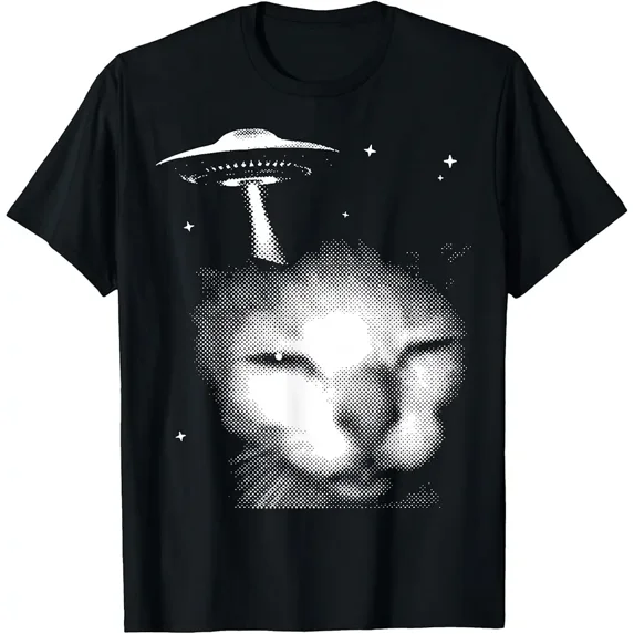 Alien Cat Meme UFO Funny Vintage Silly Kitty Y2K Graphic Unisex T-Shirt, up to Size 5XL