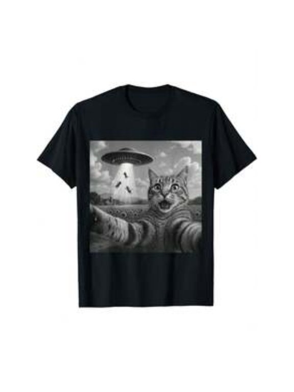 Alien Cat Selfie UFO Gifts Men Women Graphic Tees Funny Cat T-Shirt, Fashion Bottoming Shirt Breath kids T-Shirt, T-Shirt for Kids Youth, 180gsm, 100% Cotton