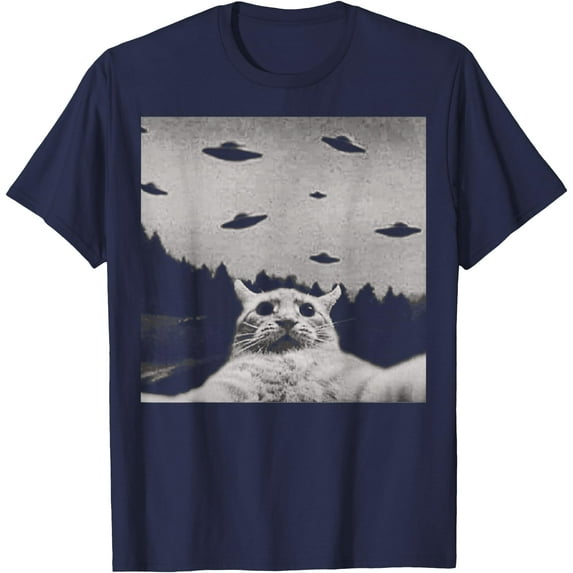 Alien Cat Selfie UFO Unisex T-Shirt for Men Women Kids Toddler ,Navy Color,Size 2XL