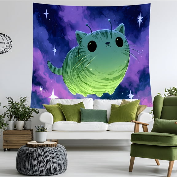 Alien Cat Tapestry Wall Hanging, Cute Green Space Kitty Galaxy Wall Art for Kids Teen Bedroom Dorm Gaming Room Decor