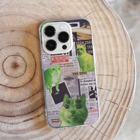 Alien Cat UFO Collage Phone Case for iPhone 11-17 Trippy Space Newspaper Design