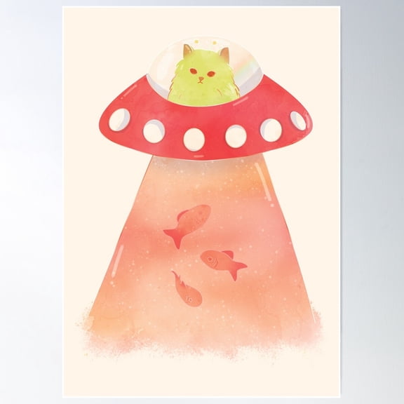 Alien Cat Ufo Poster Wall Art, Modern Wall Decor For Living Room Bedroom, 8x12 UNFRAMED