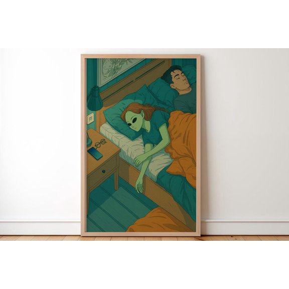 Alien Couple In Bed Wall Art Whimsical Sci Fi Surreal Extraterrestrial Love Print Quirky Bedroom Artwork Gift For Him Her, Unframed Paper Print
