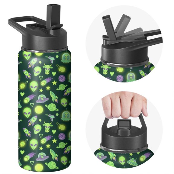 Alien Cow Deep Green Pattern Insulated Water Bottle with Straw, Vacuum Insulated Reusable Insulated Drink Bottle 304 Stainless Steel Inner Liner Gifts Ideas for Home Office Outdoor Sports Car