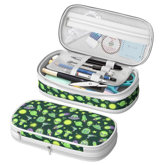 Alien Cow Deep Green Pattern Large Capacity Double Layer Pencil Case, Stationery Storage Pouch Bag, 8.66"x4.13"x3.54"